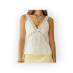 Commense Linen Cotton Lace V Neck Tank Top Ivory XL US 12 Romantic Coastal Chic